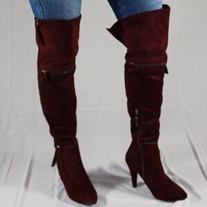 Deep Maroon Vegan Suede Over The Knee High Heel Boots 6-1/2